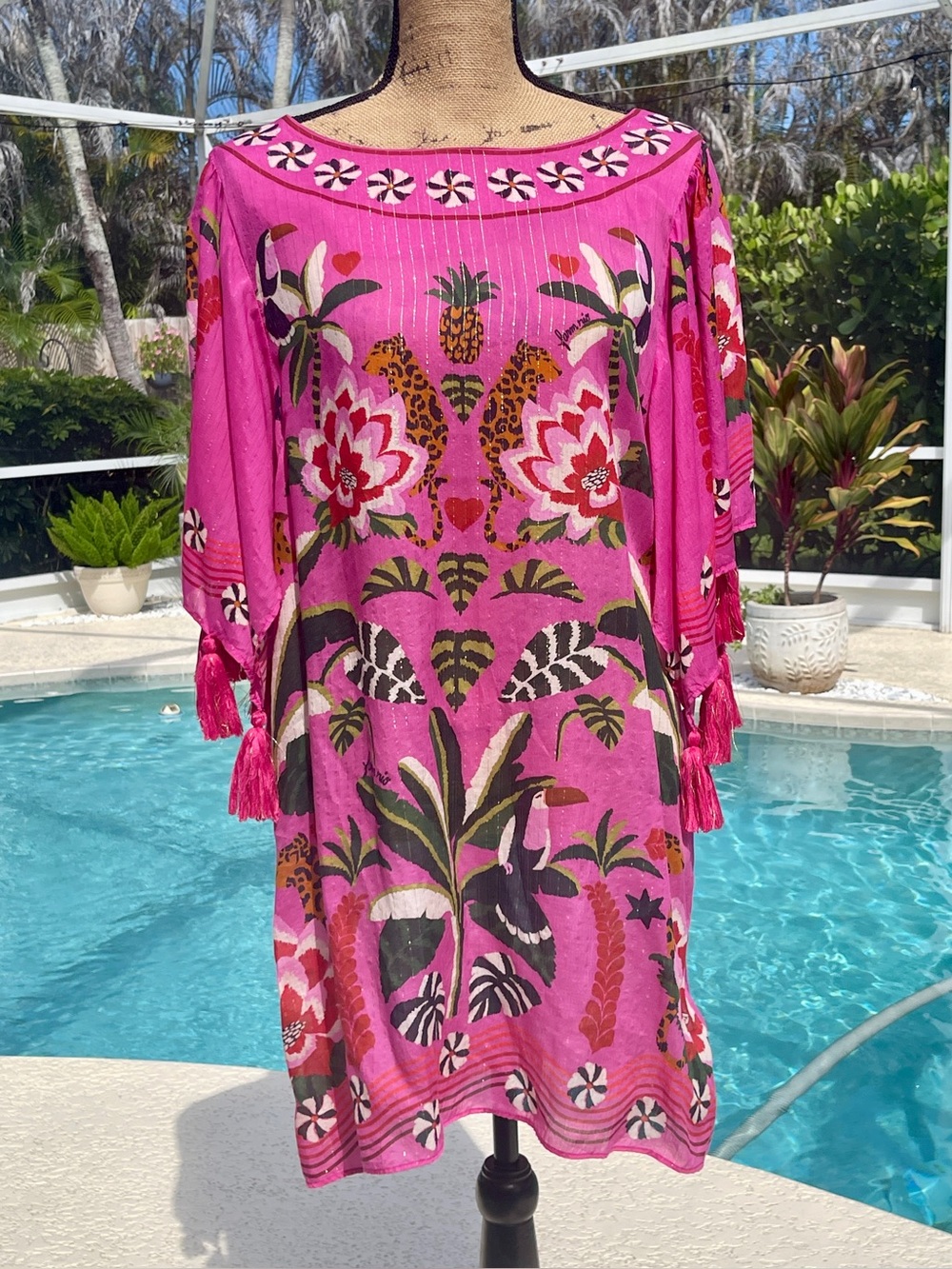 FARM Rio Leopard Forest Coverup S - Tropical Print Tassel Sleeve